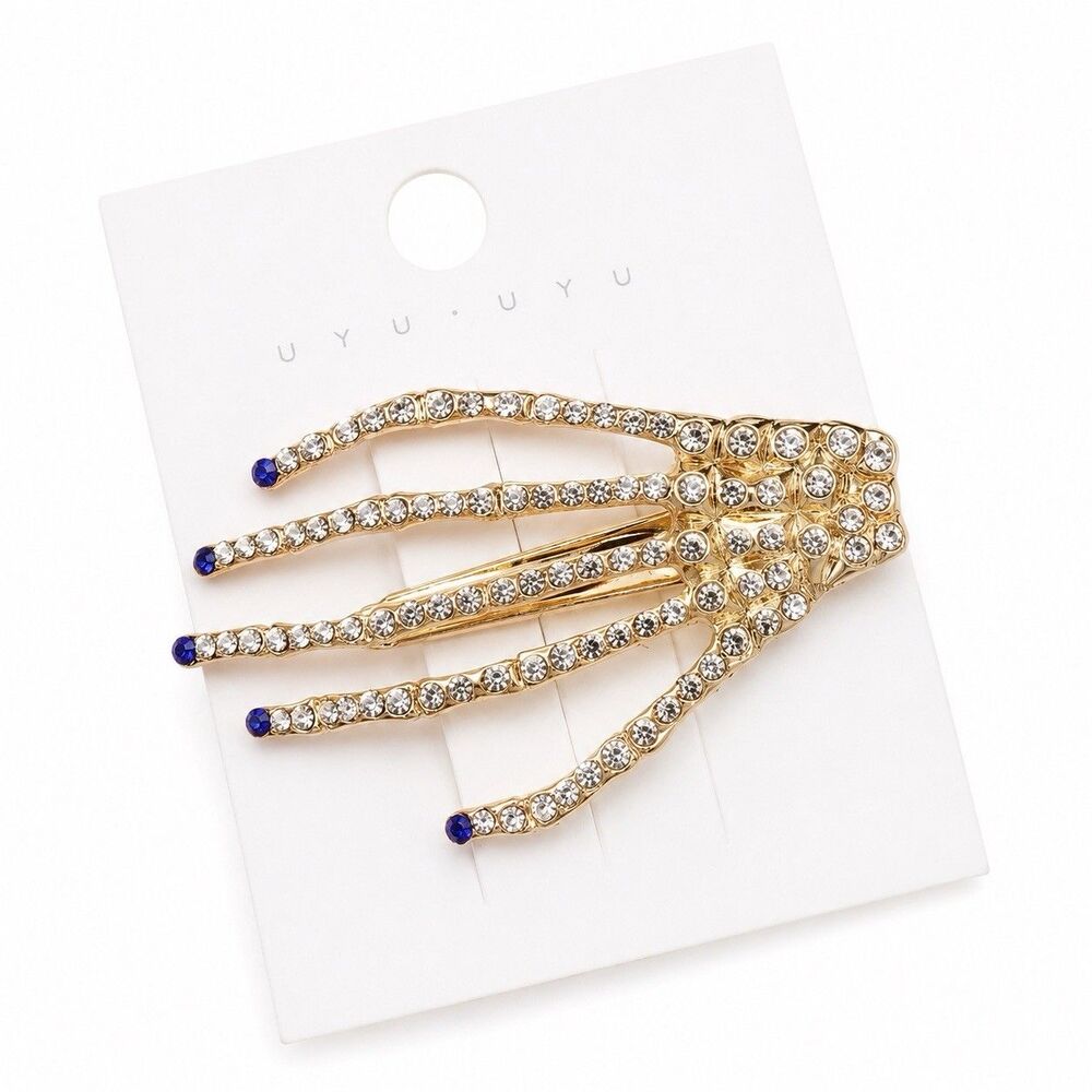 Gold Tone Rhinestone Skeleton Hand Hair Clip Gothic Halloween Barrette NEW